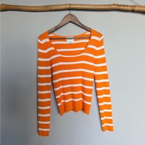 Pink Rose Orange & White Striped Ribbed Knit Long Sleeve Top Size L